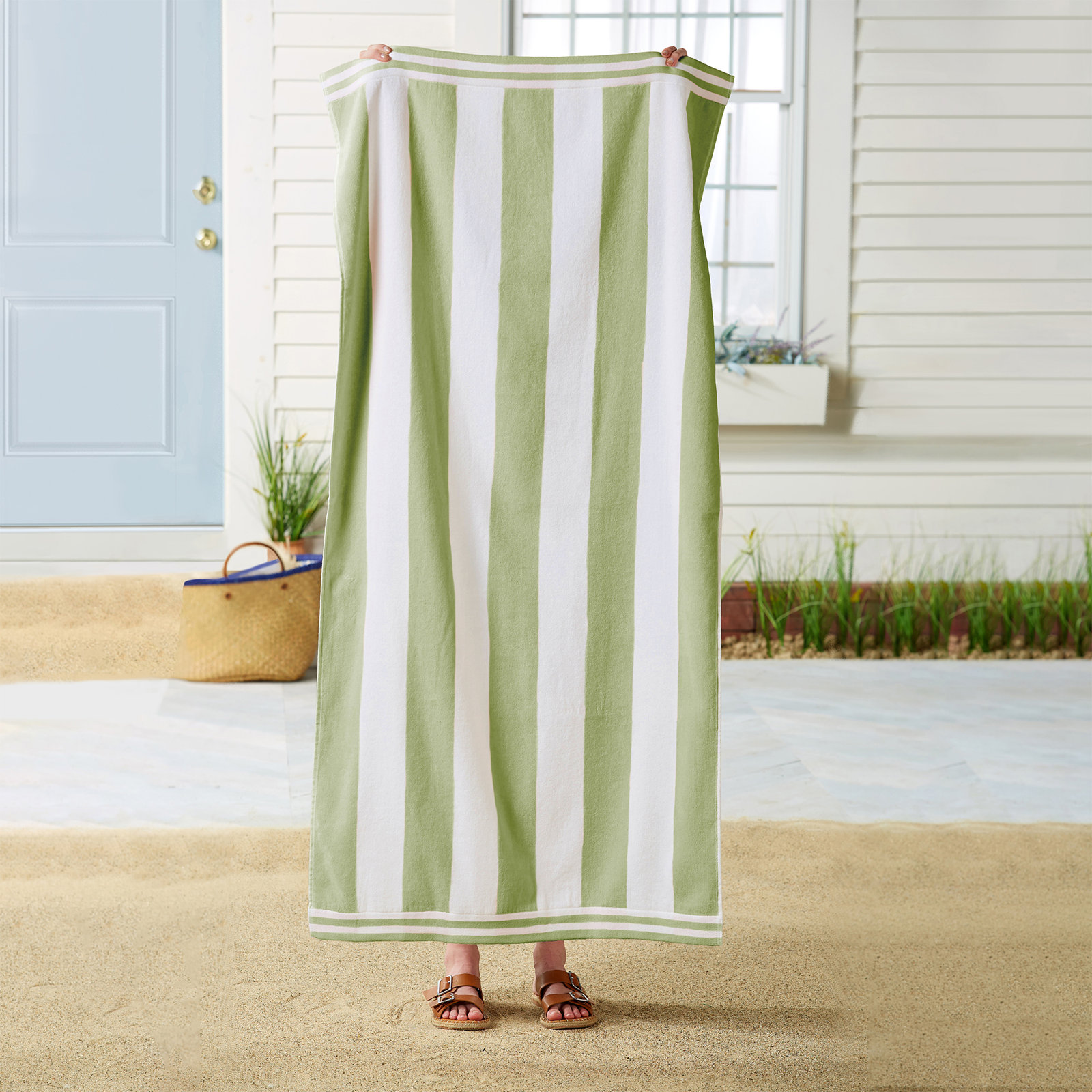  Edgartown 100% Cotton Modern  Stripe Beach Towels, Eucalyptus Green/White