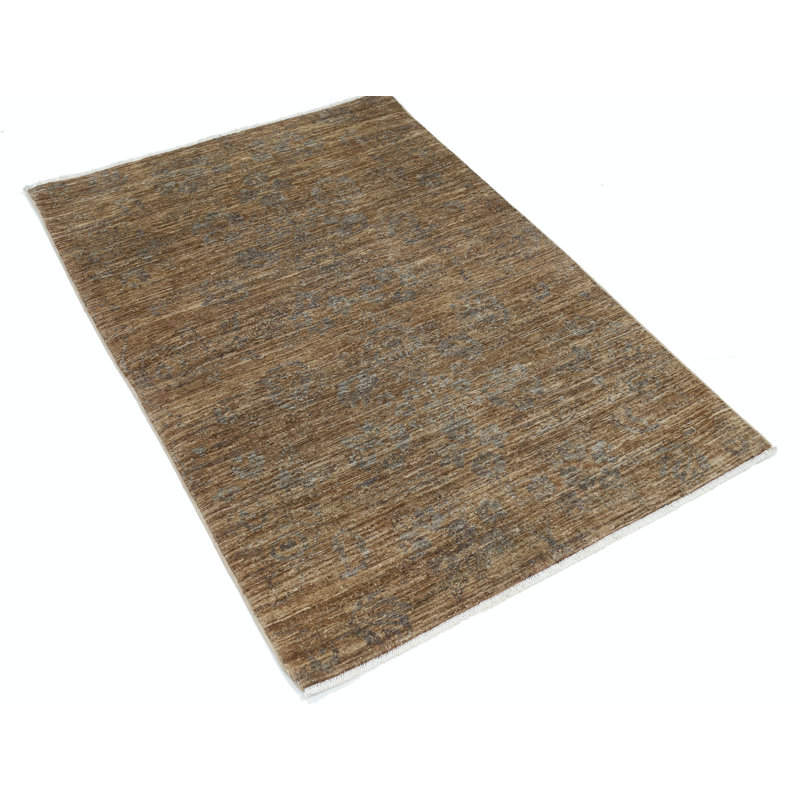 Tapis brun en laine noué à la main 3,4 pi x 5 pi à motif floral neutre