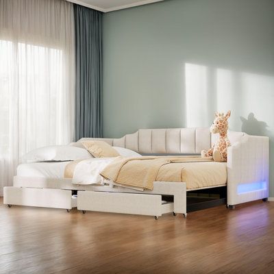 Adjustable Linen Upholstered Daybed With Twin XL Expansion, Storage Drawers & LED Features by Lark Manor
