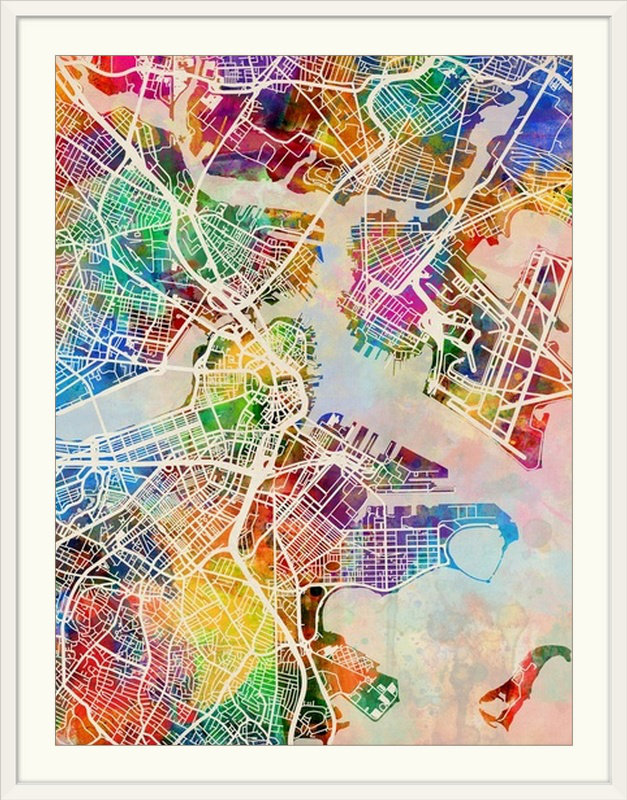 «Boston Massachusetts Street Map» par Francy, impression, Cadre blanc, H 24 po x l 20 po x P 1 po