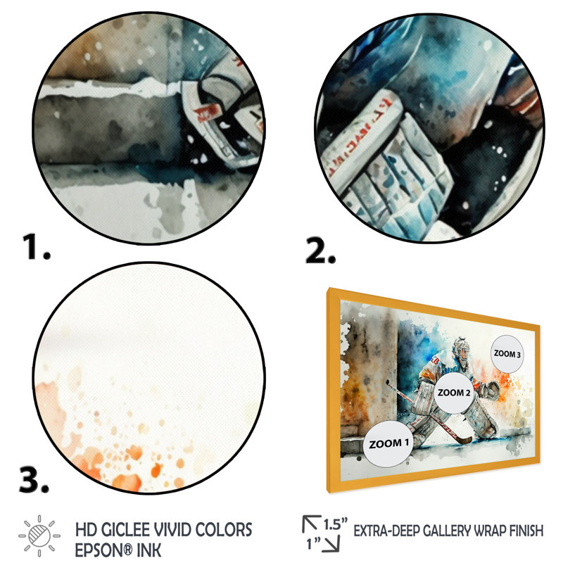 Gardien de but pendant le jeu I - Peinture sur toile, H 24 po x l 32 po x P 1 po, Encadrement doré