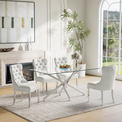 5-Piece Modern Dining Set – Rectangular Glass Table With Mirrored Metal Base & 4 Velvet Upholstered Chairs