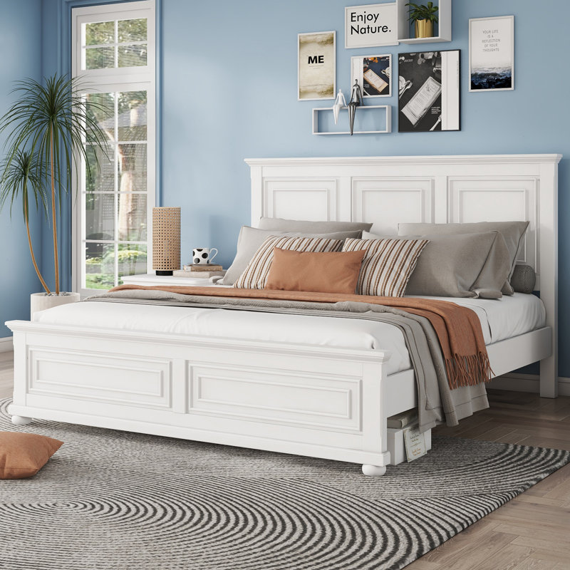 KING Size Bed With Tall Headboard & Footboard, Pinewood Bed With Strengthened Bed Frame, White