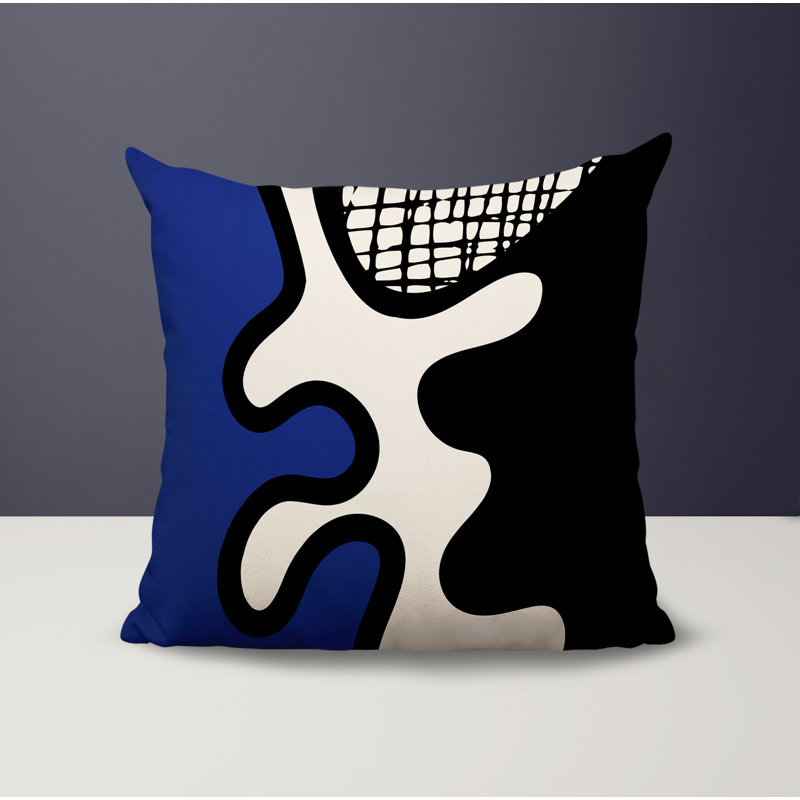 Oreiller carré réversible intérieur / extérieur Vido, Bleu marine / noir / blanc cassé abstrait, H 17 po x l 17 po