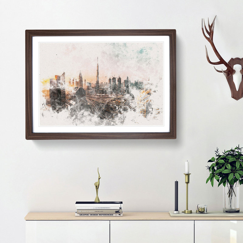 Burj Khalifa Dubai Skyline - Single Picture Frame Painting on MDF, 62cm H x 87cm W x 2cm D, Walnut Framed