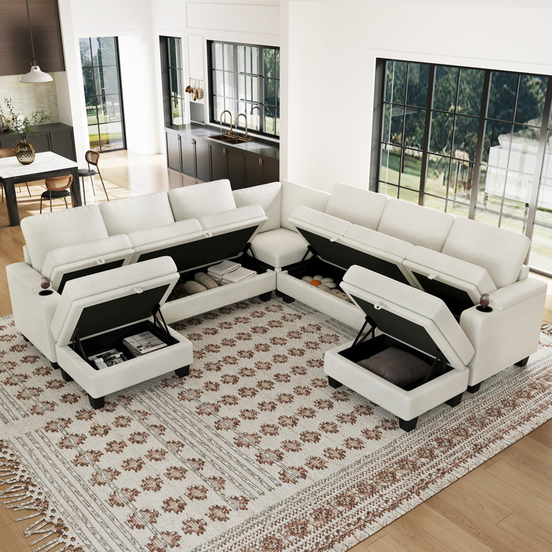 Januelle Chenille Large Multi - Seater Living Room Storage Sofa, Beige