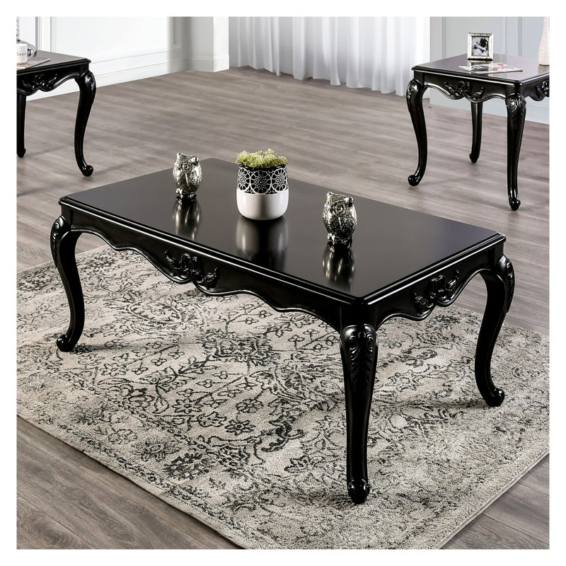 Table basse traditionnelle en bois massif avec pieds cabriole courbés et détails sculptés, finition espresso ou noire