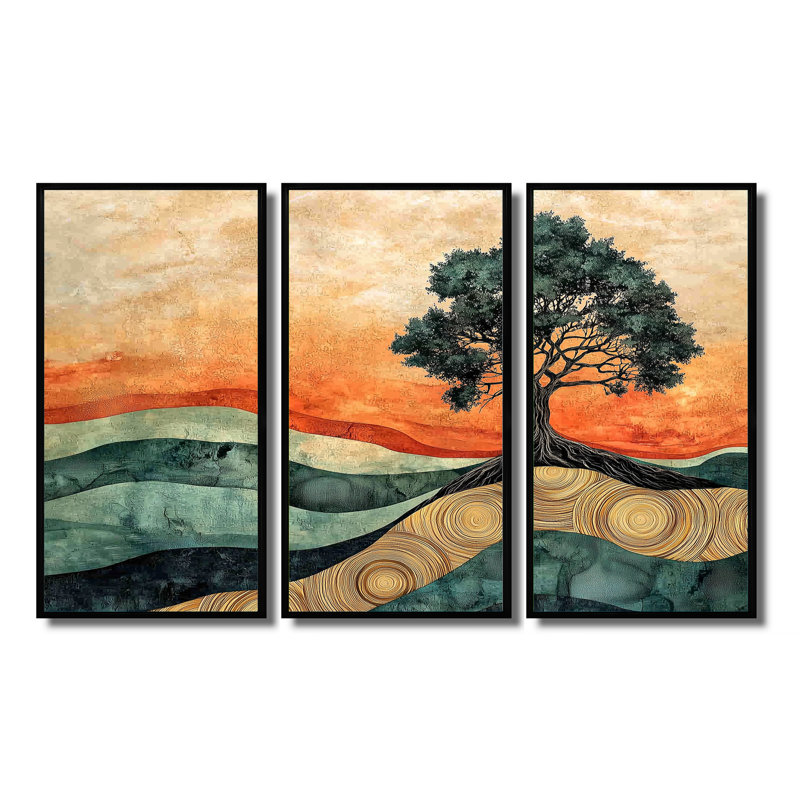 Baobab africain avec des racines de sérénité IV - art mural arbre - ensemble de 3, H 28 po x l 36 po, Noir