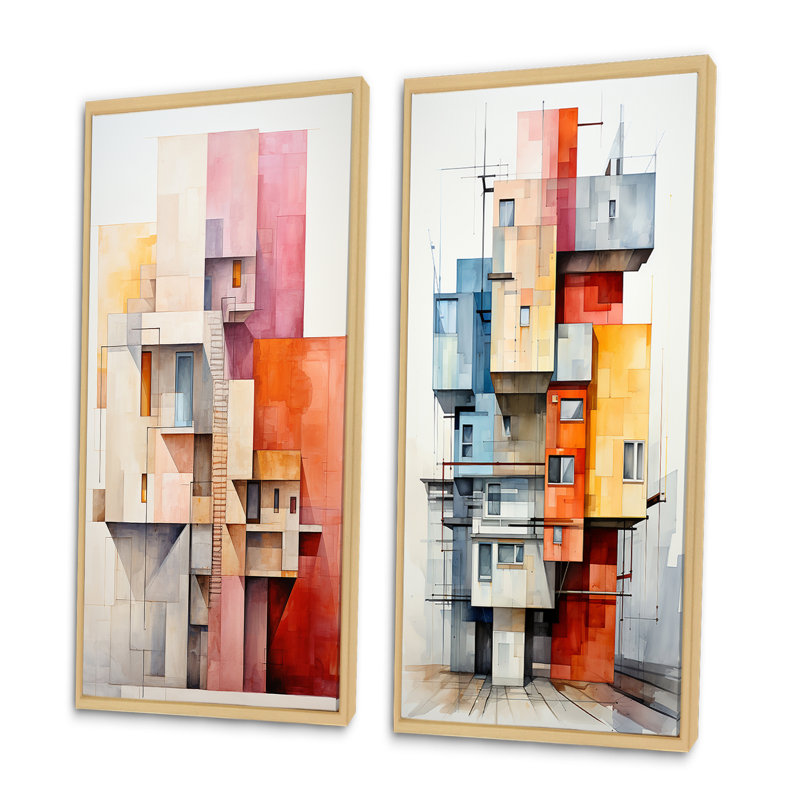 «Constructivism Construit Horizons I», 2 pièces sur toile, Encadrement brun, H 40 po x l 40 po