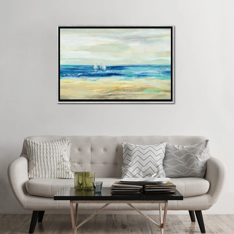 Sable et mer par Silvia Vassileva - reproduction d'art, H 32 po x l 48 po x 1,5 po, Toile avec cadre argenté, Pas de tapis