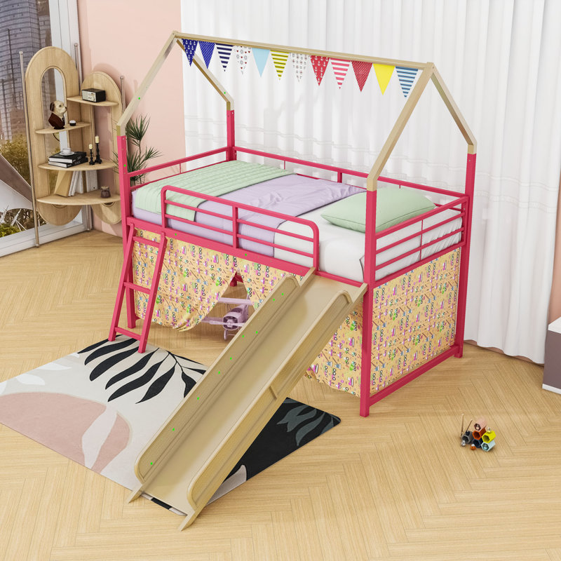 Ensemble de lit mezzanine en métal avec glissade et rideau, Gold / Red