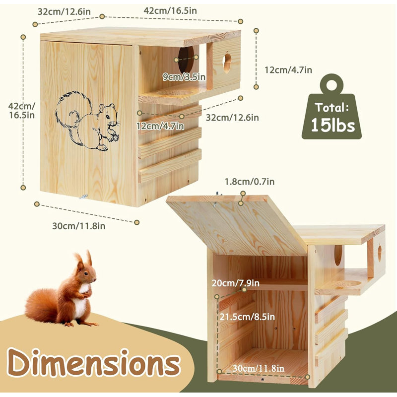 Boîtes à écureuil en bois pour l'extérieur, boîte à écureuil avec porche extérieur