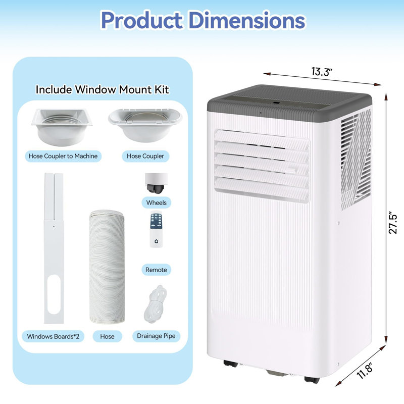 Climatiseur portatif 10000 BTU 3-en-1 climatiseur portatif avec télécommande et ensemble de fenêtre refroidit jusqu'à 420 pieds carrés pour la maison / bureau blanc + gris