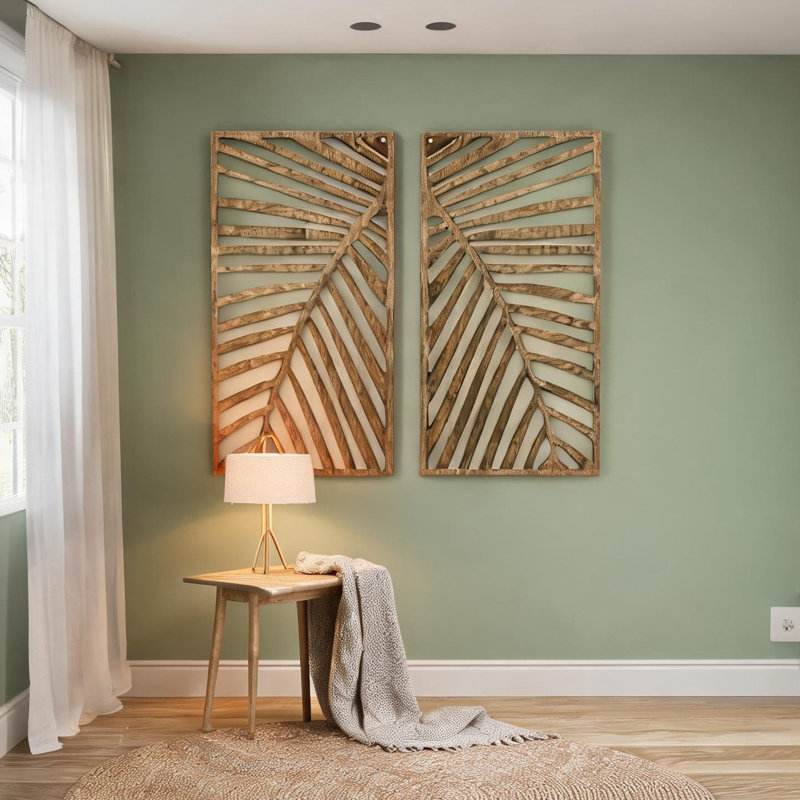 Ensemble de 2 panneaux décoratifs muraux en bois, motif de palmier, 40,6 cm x 81,3 cm, art botanique pour salon