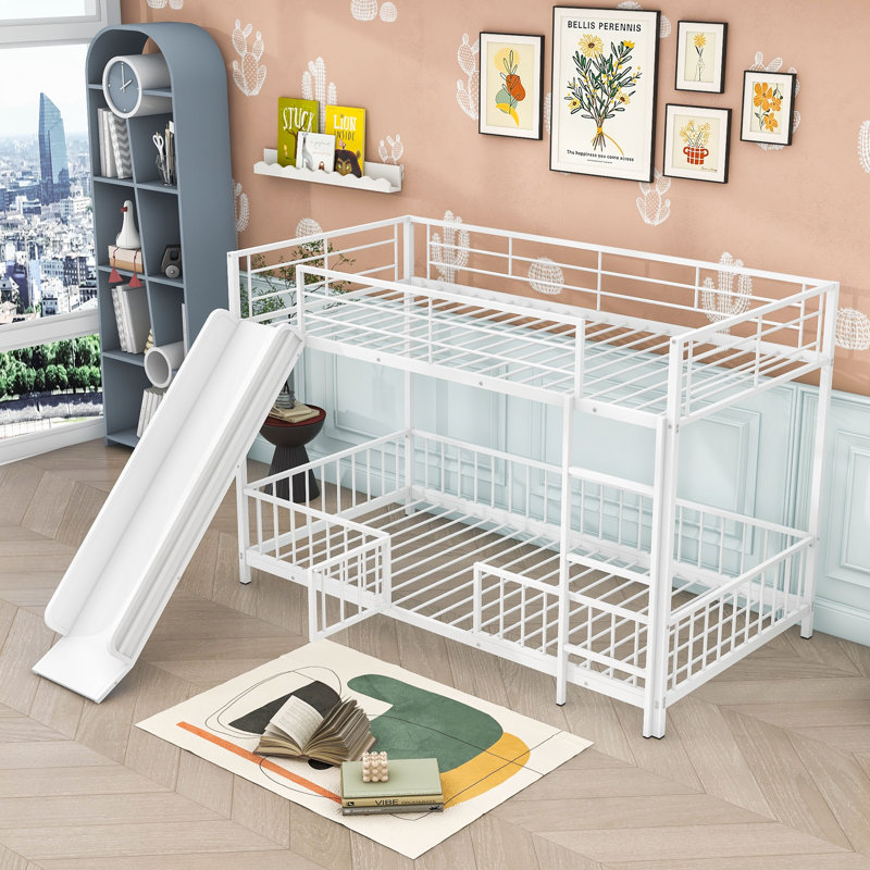 Twin Over Twin Metal Bunk Bed With Slide, Convertible Loft Design And Safety Guardrail, White