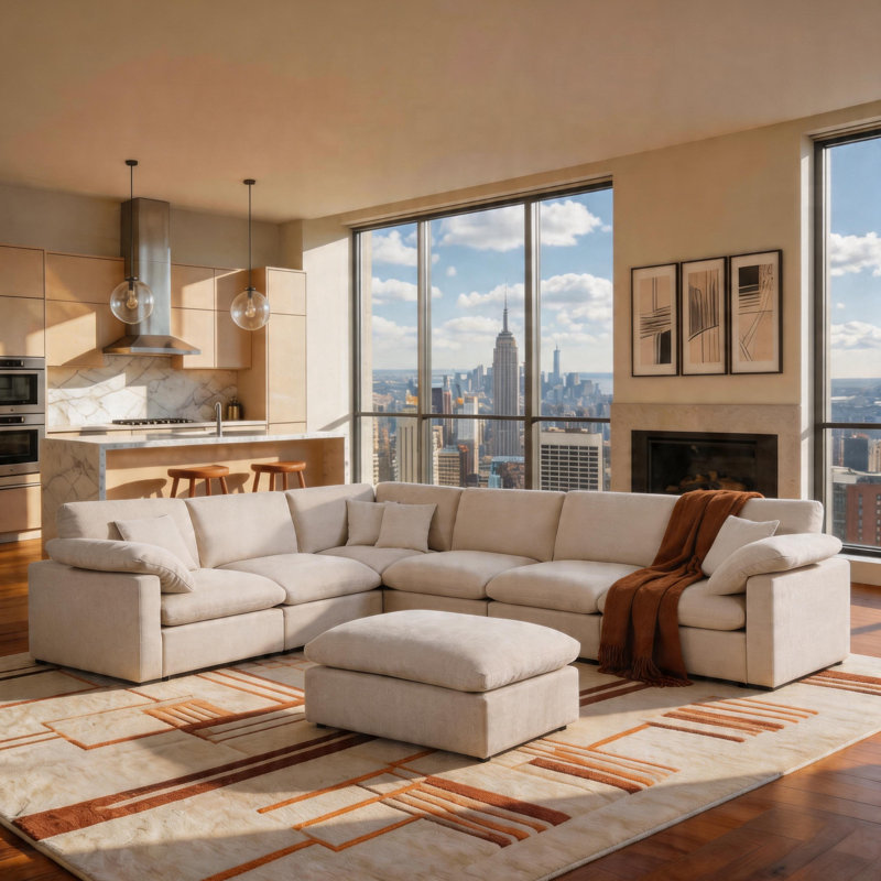 Oversized L-Shaped Corner Sectional Sofa, Chenille Cloud Modular Sofa, Upholstered Sectional With Ottomans Living Room Sets