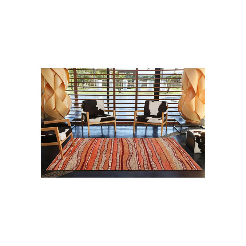 Orange Wavy Washable Woven Base Decorative Rug, Round 3'3" Rug Pad Included