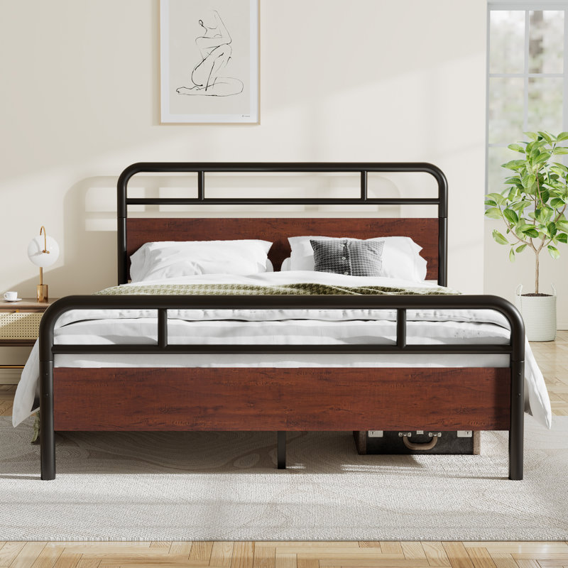 Dejania Metal Platform Bed Frame with Wooden Headboard and Footboard, Full / Double, Dark Brown
