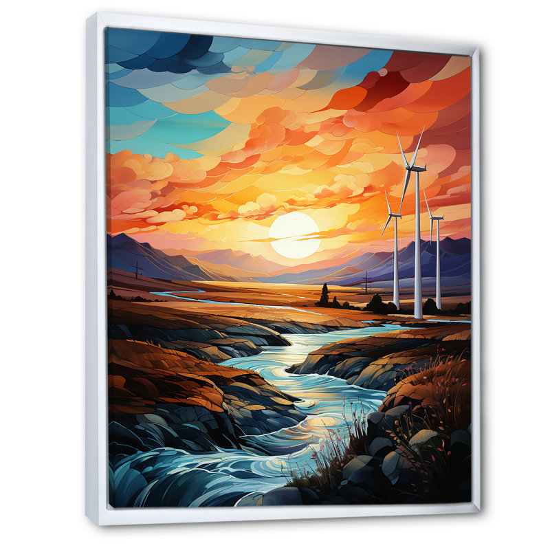 Wind Turbines Sunrise Valley I sur toile, Cadre flottant blanc, H 40 po x l 30 po x P 1,5 po