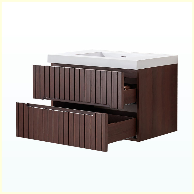 Meuble-lavabo flottant mural 24 po avec lavabo en acrylique intégré blanc, armoire en contreplaqué pré-assemblée avec 2 tiroirs, noyer foncé