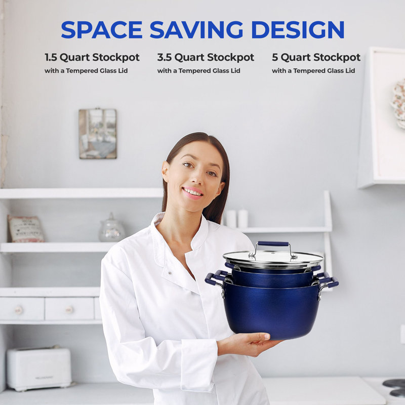 Blue Aluminum Nonstick 6-Piece Stackable Cocotte Set