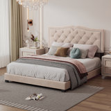 Upholstered Bed Frame with Rivet Design, Modern Velvet Platform Bed with Tufted Headboard
