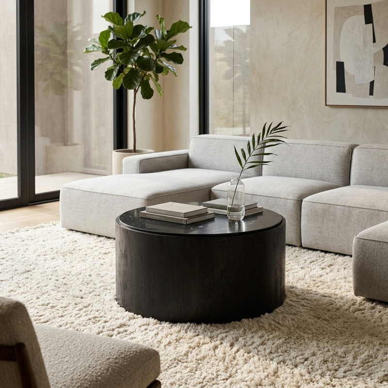 Modern Stone & Mango Wood Coffee Table with Sleek Marble Top, Contemporary Round Design, Durable Solid Wood Base for Stylish Home Decor