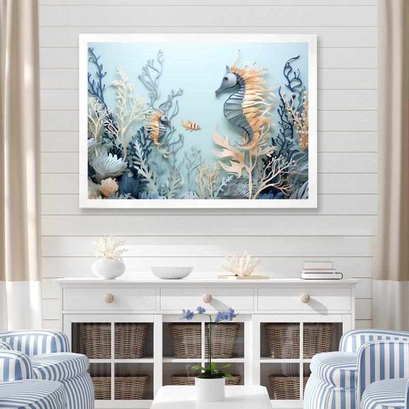 Collage dansant bleu et blanc avec des dragons de mer - Décoration murale plage et océan, Cadre simple blanc