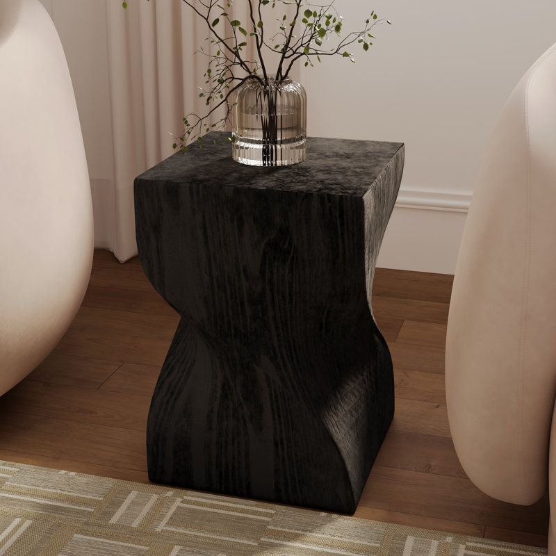 Table d'appoint carrée en fibre de pierre de 14 po de large avec motif sculpté torsadé Doraly, Noir, noir, noir, noir