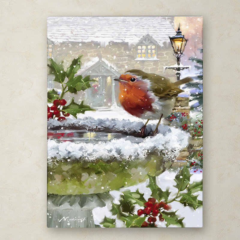 Robin On Birdbath Winter Scene Gallery-Wrapped Canvas Art