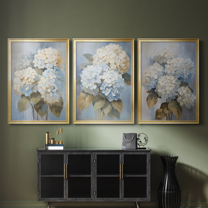 FLORAL Series Cxxiii - Toile tendue avec châssis sur mesure - 3 pièces, 30" H x 63" W, Gold