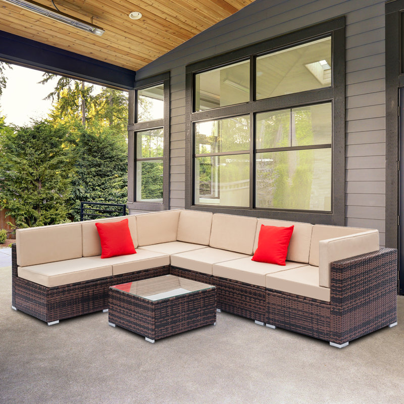 Aldebaran Wicker 6 - Person Modular Patio Conversation Set with Cushions, Brown Frame/Beige Cushion