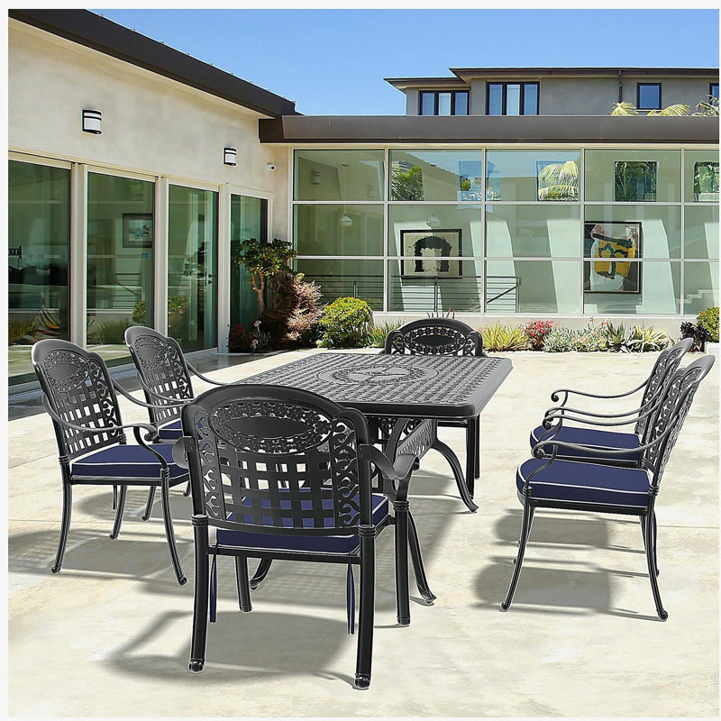 7-Piece Set Of Cast Aluminum Patio Furniture With Black Frame and Blue Cushions (same as:W1710S00495)
