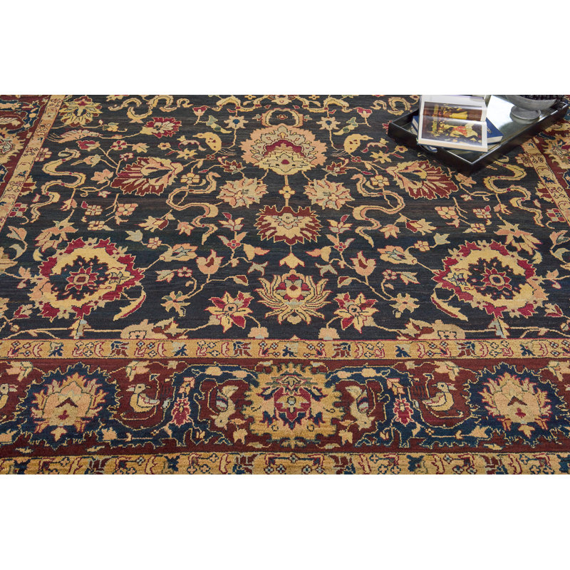 Handmade Black Floral Wool 10' x 14' Area Rug