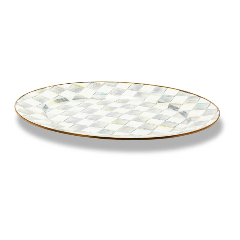 Large Gray-and-White Ceramic Oval Serving Platter with Bronzed Rim