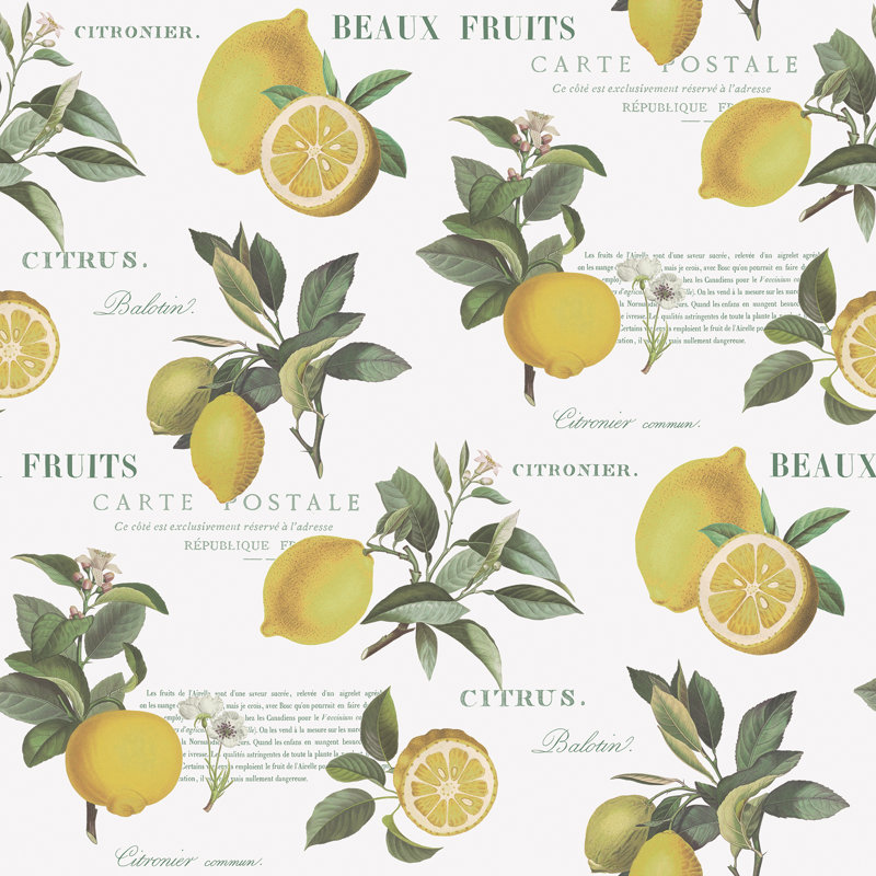 Just Kitchens Citron Botanical Leaf 33' L x 21" W Wallpaper Roll, White/Yellow/Green