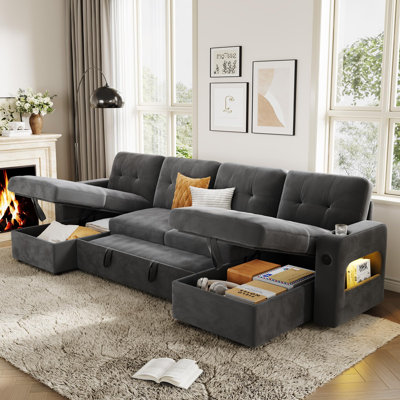 Modular Sofa with Storage, 107" Sleeper Sofa Bed Sectional Cloud Couch, u-Shaped Velvet Fabric Couch