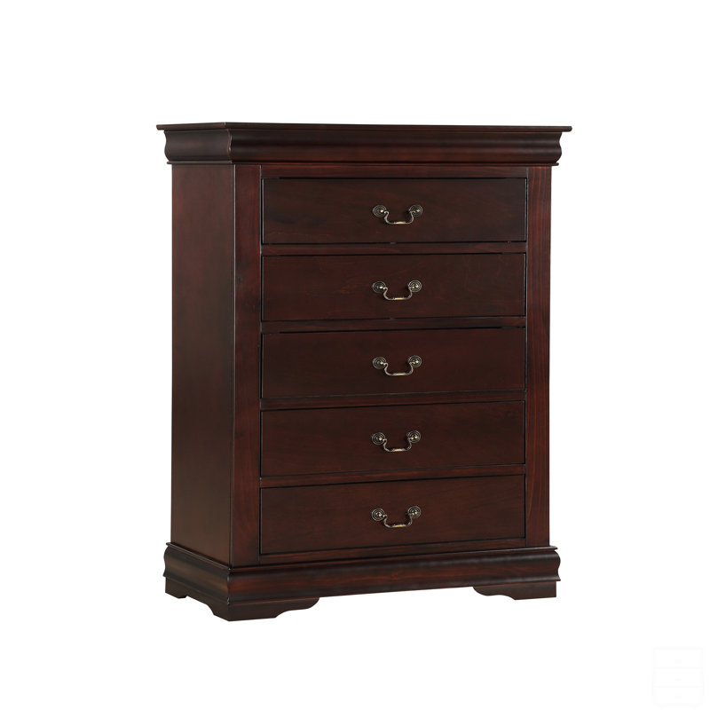 1Pc Cherry Finish Five Drawers Louis Philip Chest Solid Wood Contemporary Sleek Ample Storage, Cherry