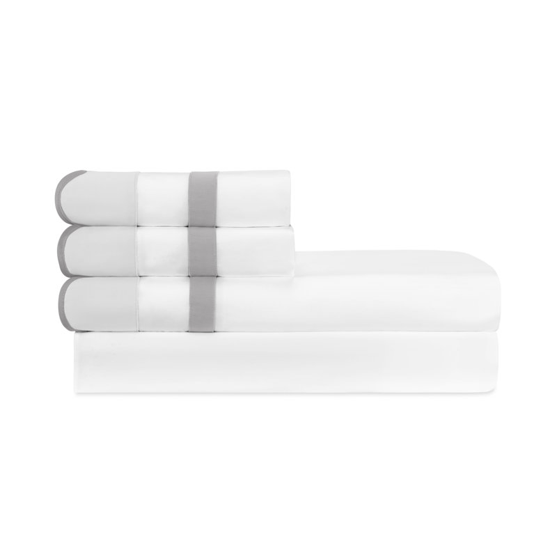 Portofino Sateen Sheet Set, White/Pebble/Chrome, Queen Sheet Set + 2 Pillowcases