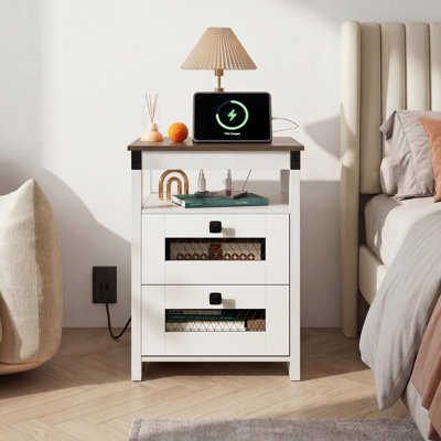 Gracie Oaks 17.7'' W Nightstand With Charging, USB & AC Outlets, Rustic Narrow Bedside Table With 2 Storage Drawers, Wooden Couch Table With Open Compartment For Living Room, Bedroom