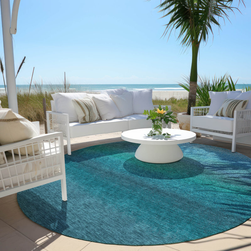 Machine Washable Indoor/Outdoor Xhevrie Teal Rug, Round 8'