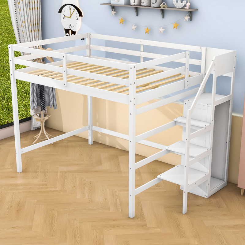 Lit mezzanine double Kerren avec garde-robe et escalier intégrés, Blanc