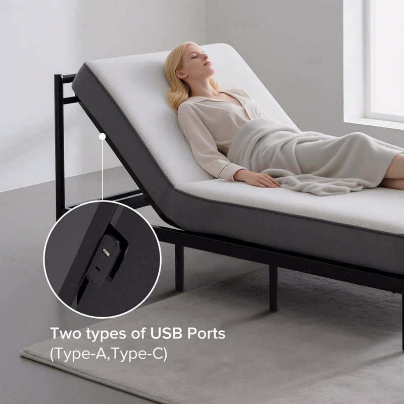 Base de lit réglable avec tête de massage et pied incliné, télécommande sans fil simple de taille XL, deux types de ports USB: Type-A et Type-C, veilleuse à DEL, 4 pieds réglables en hauteur