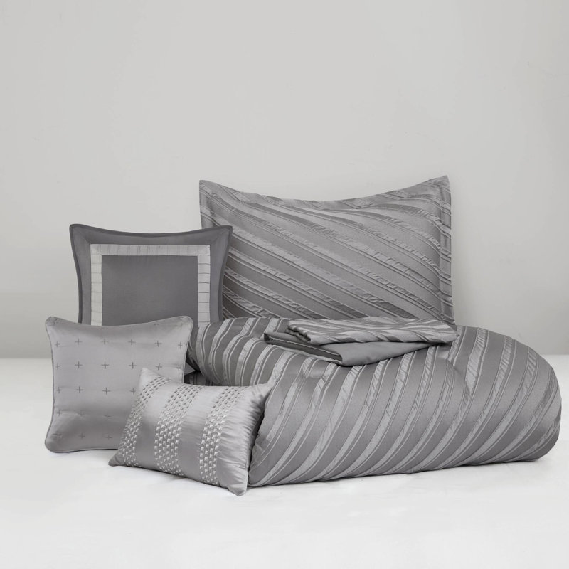 Grey 7 Pcs Queen Comforter - Transitional Style Diagonal , Soft , , Safe And Comfortable Use Bedding,