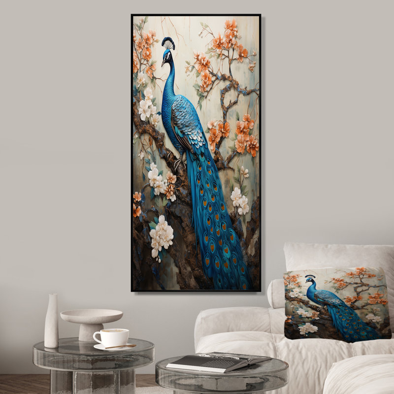 Bleu japonais royal floral paon IV - paon, art mural animal, Cadre flottant noir, H 44 po x l 34 po