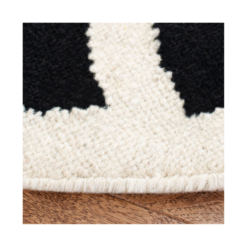 Rodgers Hand Woven Flat Weave Wool/Cotton Geometric Rug in Ivory/Black, Rectangle 3' x 5'
