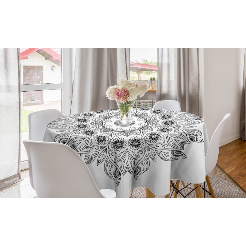 Ambesonne Mandala Round Tablecloth, Ornate Esoteric Esoteric Oriental Art Print, Circle Table Cloth Cover For Dining Room Kitchen Decoration, 60", Black White
