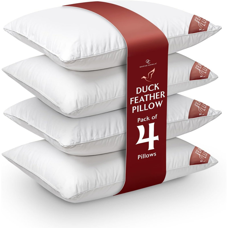 Duck Feather & Down Pillow Pack of 4, Soft Support Cushions for Back & Side Sleepers with Breathable Cover