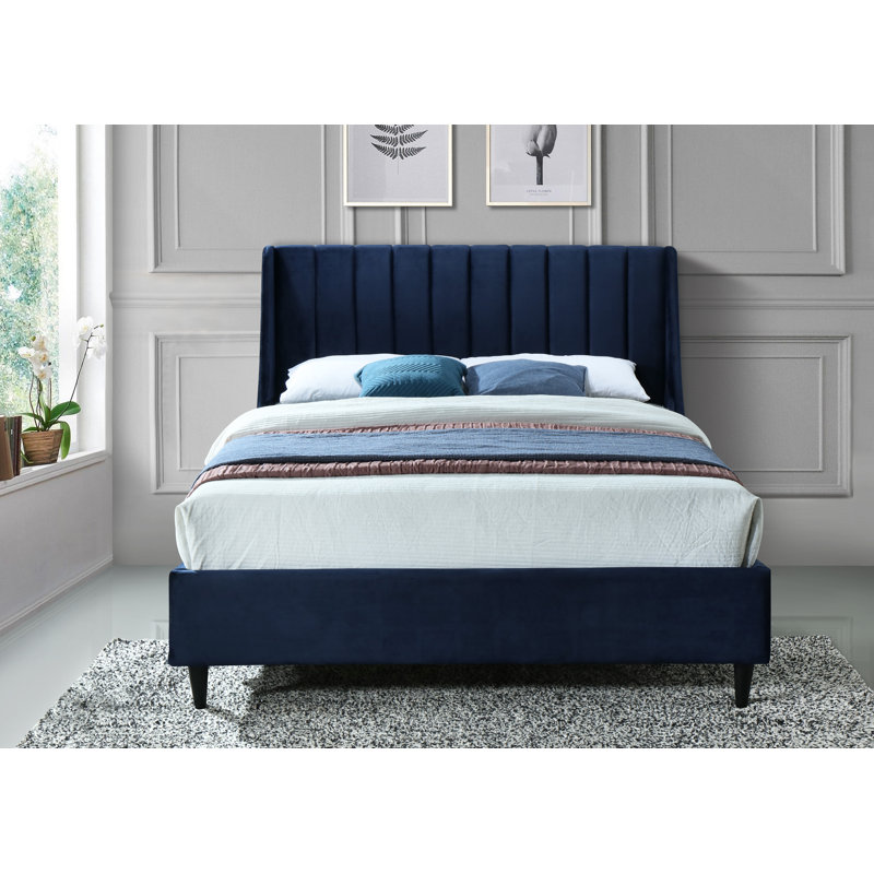 Eva Upholstered Low Profile Platform Bed, Queen, Navy Velvet