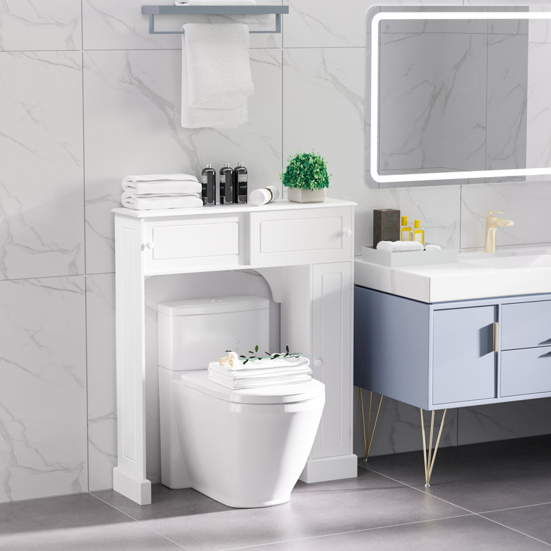 Armoire de rangement pour salle de bain au-dessus de la toilette, autoportante blanche avec tablettes réglables, permettant d'économiser de l'espace pour le papier et les serviettes de toilette